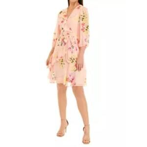 Julian Taylor Blosen Sleeve Floral Chiffon Ruffle Wrap Dress